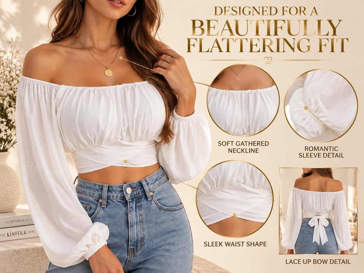 Off Shoulder Puff Sleeve Crop Top | Romantic Lace-Up Bow Blouse