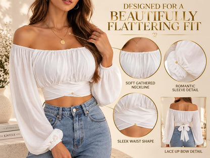 Off Shoulder Puff Sleeve Crop Top | Romantic Lace-Up Bow Blouse