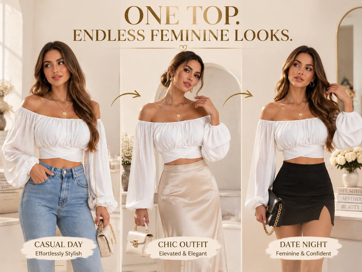 Off Shoulder Puff Sleeve Crop Top | Romantic Lace-Up Bow Blouse