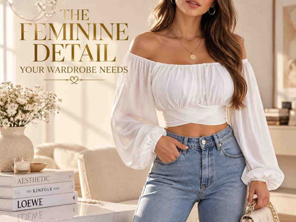 Off Shoulder Puff Sleeve Crop Top | Romantic Lace-Up Bow Blouse