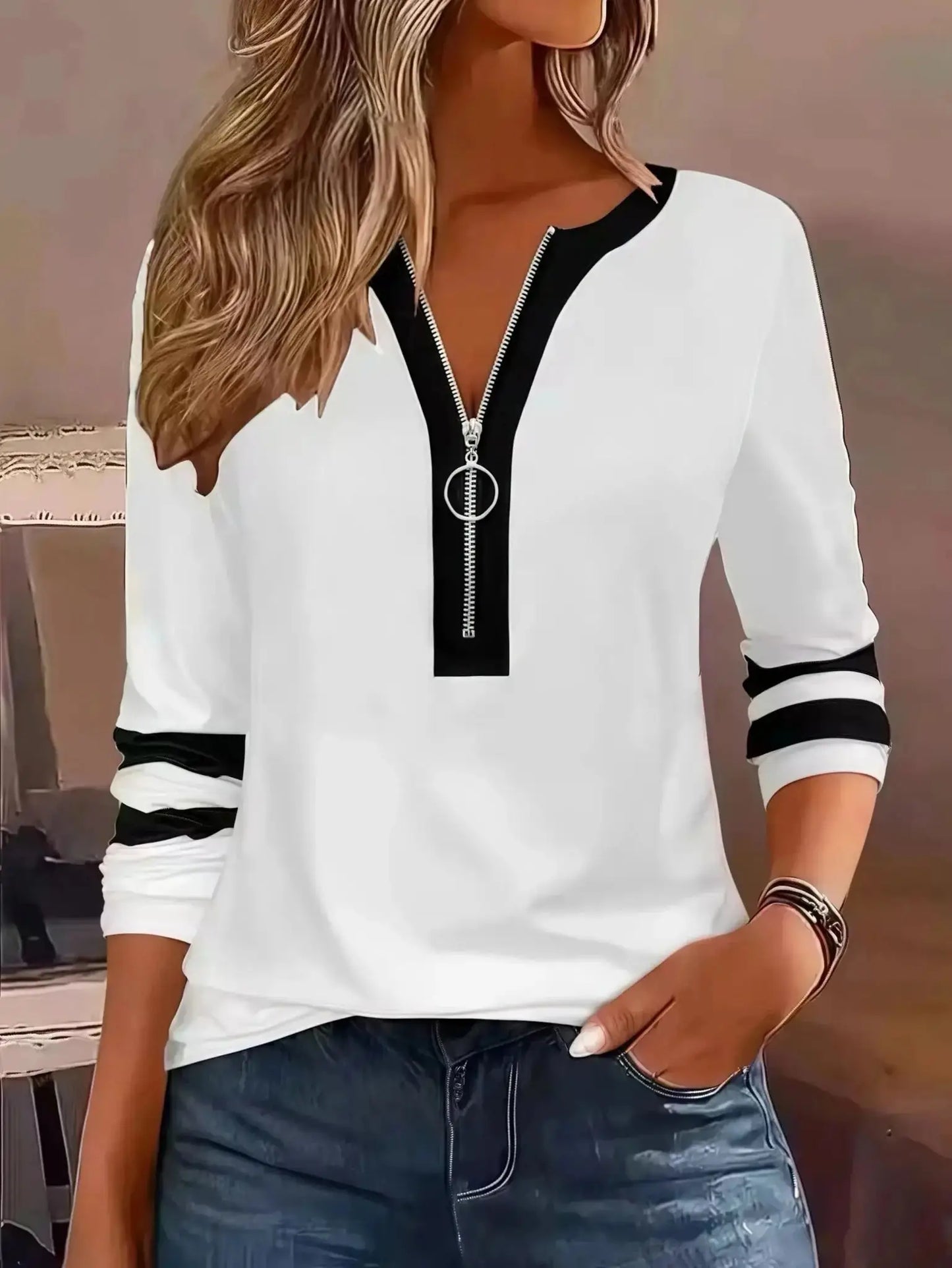 Plus Size Long Sleeve T-Shirt with Geometric Stripes & Color Block Ring Zipper Detail - Fall Fashion JuChachaShop