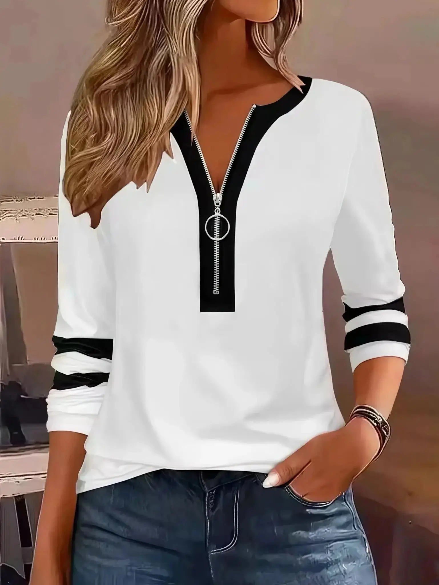 Plus Size Long Sleeve T-Shirt with Geometric Stripes & Color Block Ring Zipper Detail - Fall Fashion JuChachaShop