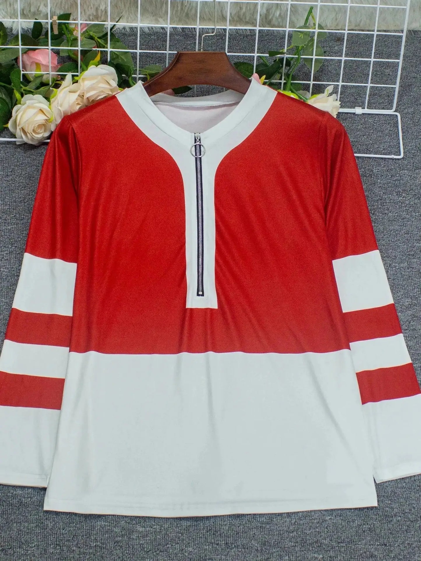Plus Size Long Sleeve T-Shirt with Geometric Stripes & Color Block Ring Zipper Detail - Fall Fashion JuChachaShop