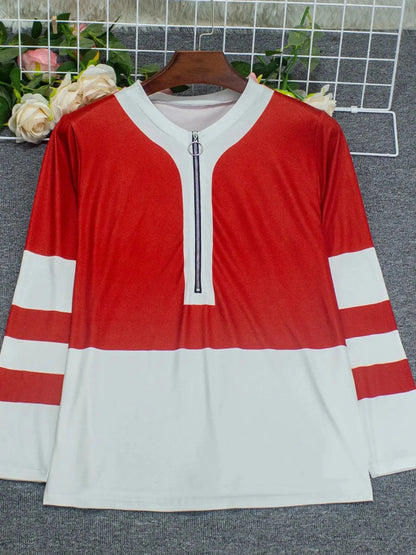 Plus Size Long Sleeve T-Shirt with Geometric Stripes & Color Block Ring Zipper Detail - Fall Fashion JuChachaShop