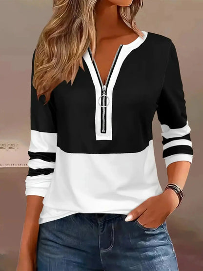 Plus Size Long Sleeve T-Shirt with Geometric Stripes & Color Block Ring Zipper Detail - Fall Fashion JuChachaShop
