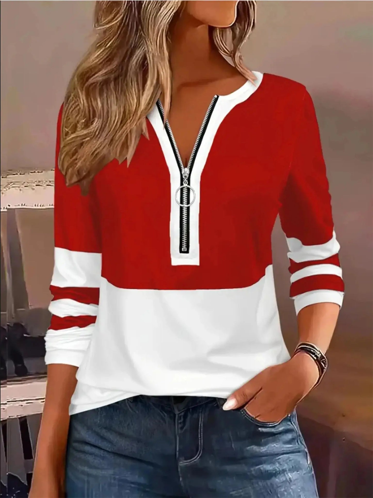 Plus Size Long Sleeve T-Shirt with Geometric Stripes & Color Block Ring Zipper Detail - Fall Fashion JuChachaShop