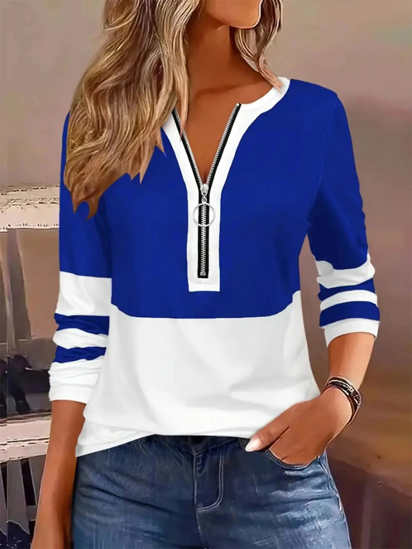 Plus Size Long Sleeve T-Shirt with Geometric Stripes & Color Block Ring Zipper Detail - Fall Fashion JuChachaShop