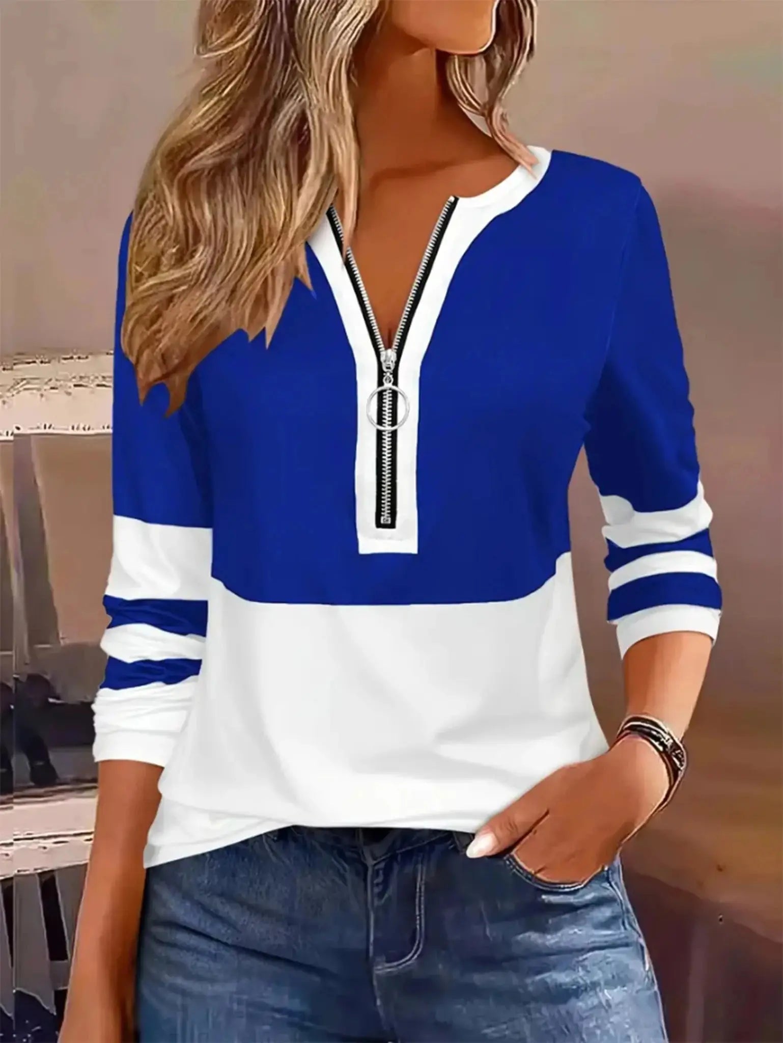 Plus Size Long Sleeve T-Shirt with Geometric Stripes & Color Block Ring Zipper Detail - Fall Fashion JuChachaShop