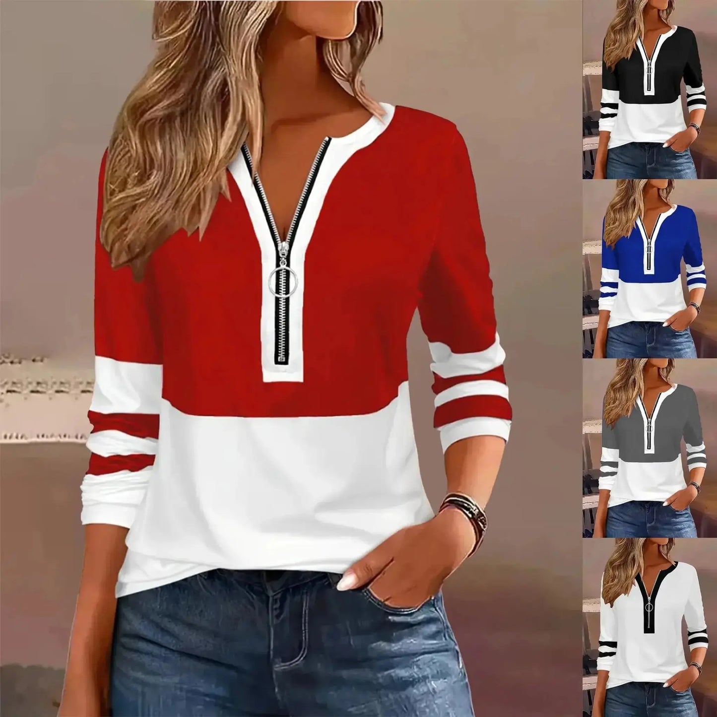 Plus Size Long Sleeve T-Shirt with Geometric Stripes & Color Block Ring Zipper Detail - Fall Fashion JuChachaShop
