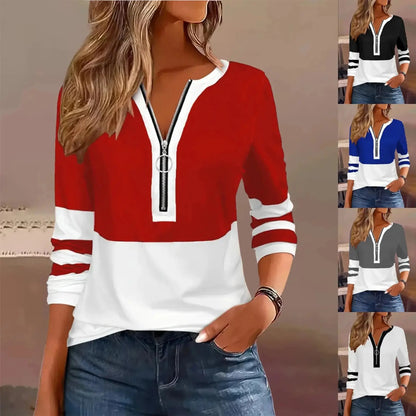 Plus Size Long Sleeve T-Shirt with Geometric Stripes & Color Block Ring Zipper Detail - Fall Fashion JuChachaShop