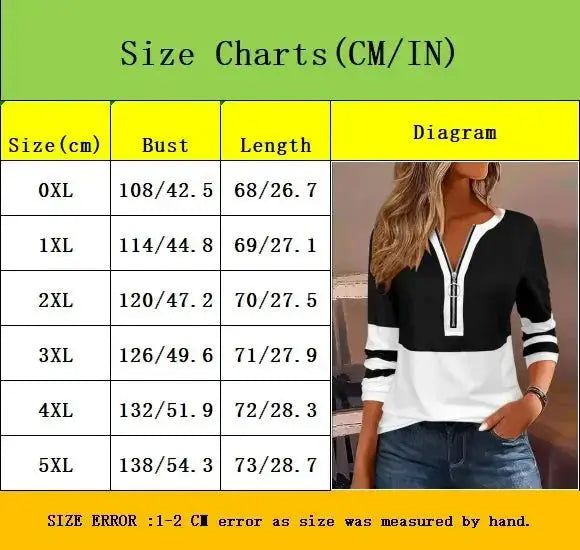 Plus Size Long Sleeve T-Shirt with Geometric Stripes & Color Block Ring Zipper Detail - Fall Fashion JuChachaShop