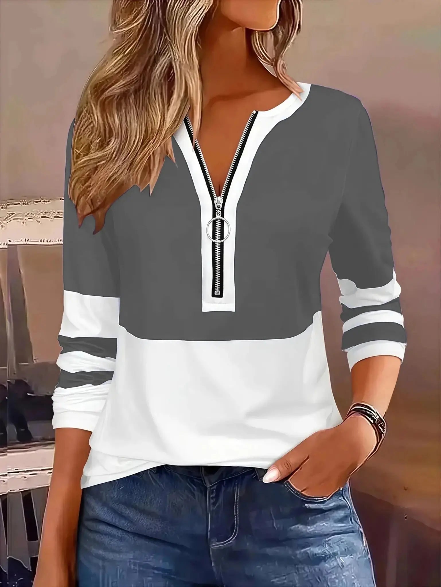 Plus Size Long Sleeve T-Shirt with Geometric Stripes & Color Block Ring Zipper Detail - Fall Fashion JuChachaShop