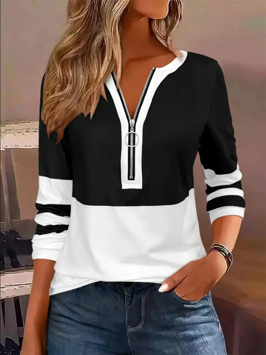 Plus Size Long Sleeve T-Shirt with Geometric Stripes & Color Block Ring Zipper Detail - Fall Fashion JuChachaShop