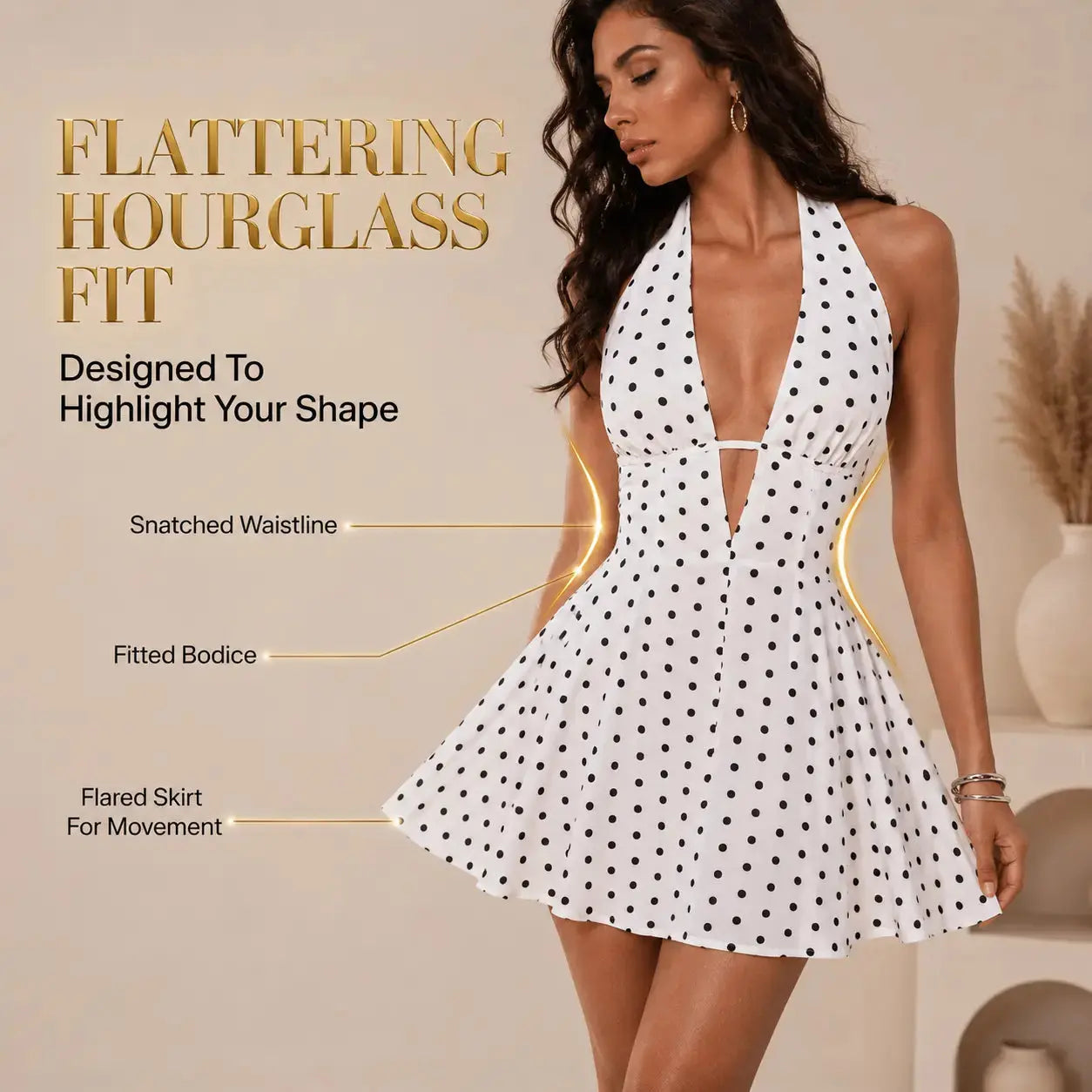Polka Dot Halter Mini Dress Deep V Neck Backless Skater Dress Vintage Inspired Summer Party Vacation Dress Jumartins