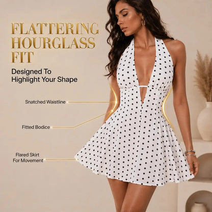 Polka Dot Halter Mini Dress Deep V Neck Backless Skater Dress Vintage Inspired Summer Party Vacation Dress Jumartins