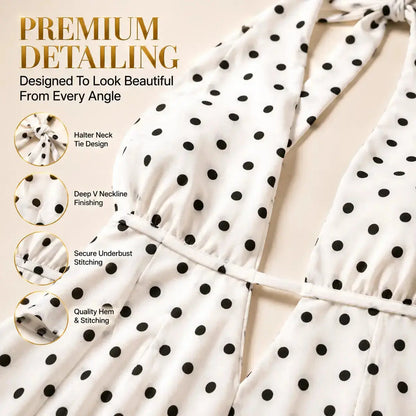 Polka Dot Halter Mini Dress Deep V-Neck Backless Skater Dress Vintage-Inspired Summer Party Vacation Dress Jumartins