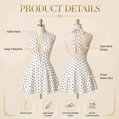 Polka Dot Halter Mini Dress Deep V Neck Backless Skater Dress Vintage Inspired Summer Party Vacation Dress Jumartins