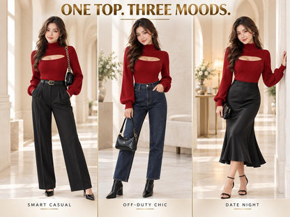 Ribbed Cutout Turtleneck Top, Elegant Date Night Sweater
