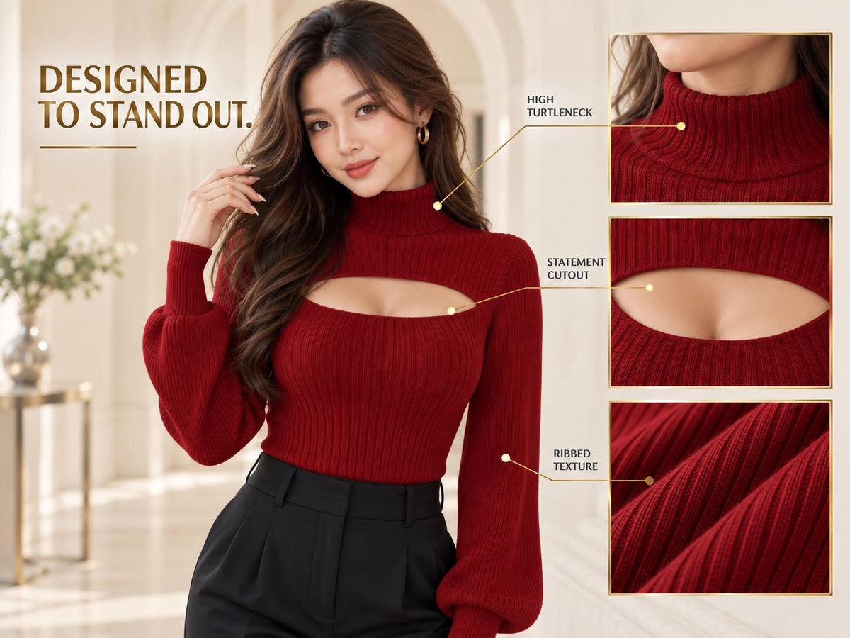 Ribbed Cutout Turtleneck Top, Elegant Date Night Sweater