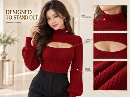 Ribbed Cutout Turtleneck Top, Elegant Date Night Sweater
