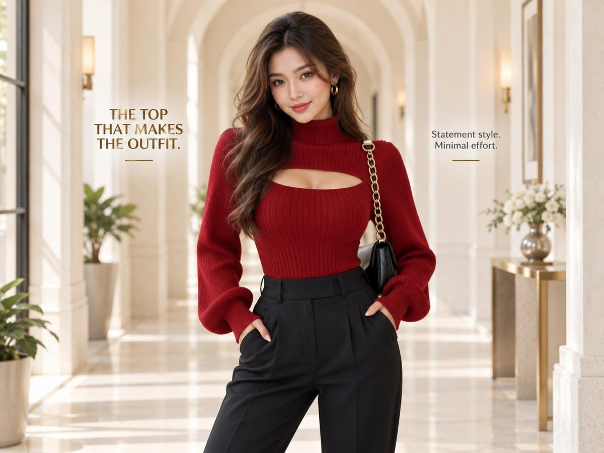 Ribbed Cutout Turtleneck Top, Elegant Date Night Sweater
