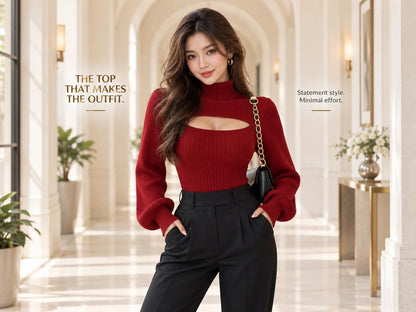 Ribbed Cutout Turtleneck Top, Elegant Date Night Sweater