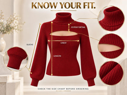 Ribbed Cutout Turtleneck Top, Elegant Date Night Sweater