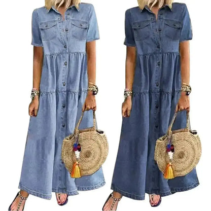 Short Sleeve Denim Dress – Casual Loose Ankle-Length Summer Dress JuChachaShop