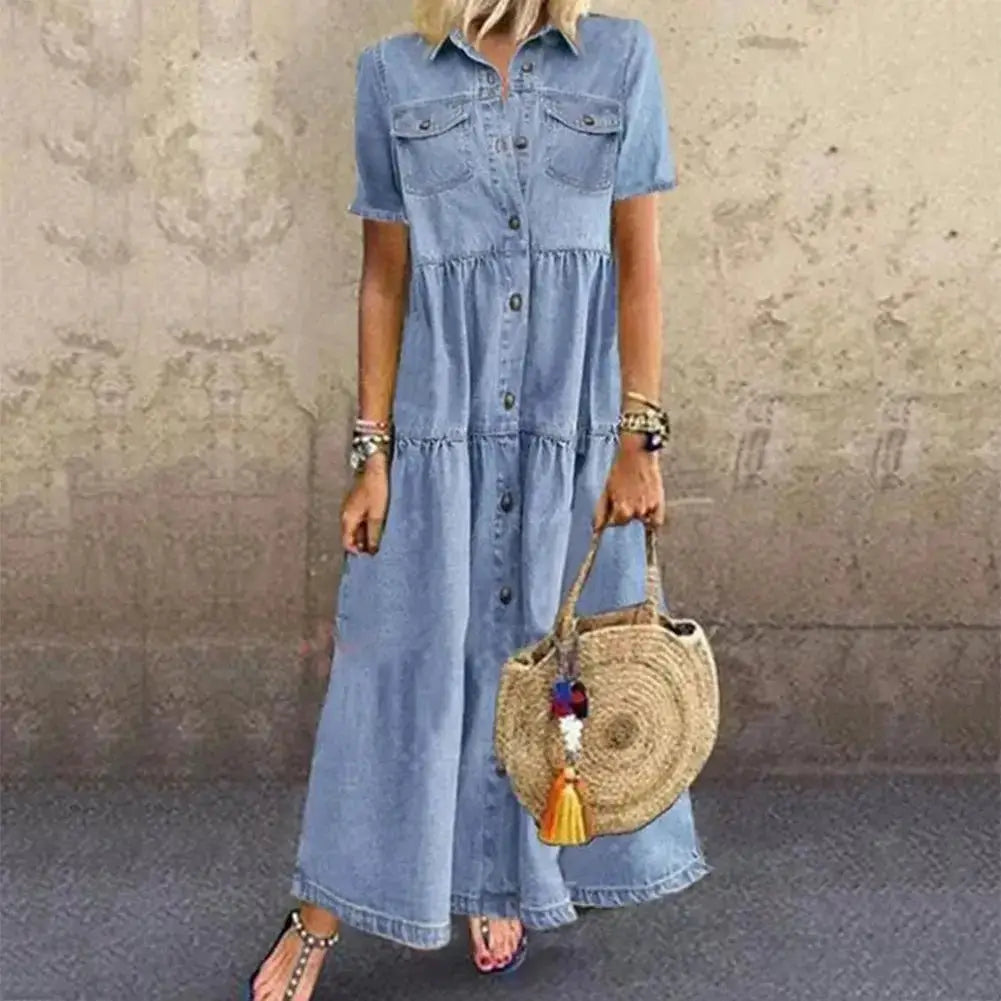Short Sleeve Denim Dress – Casual Loose Ankle-Length Summer Dress JuChachaShop