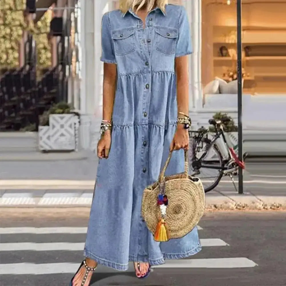 Short Sleeve Denim Dress – Casual Loose Ankle-Length Summer Dress JuChachaShop