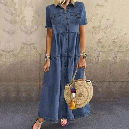 Short Sleeve Denim Dress – Casual Loose Ankle-Length Summer Dress JuChachaShop