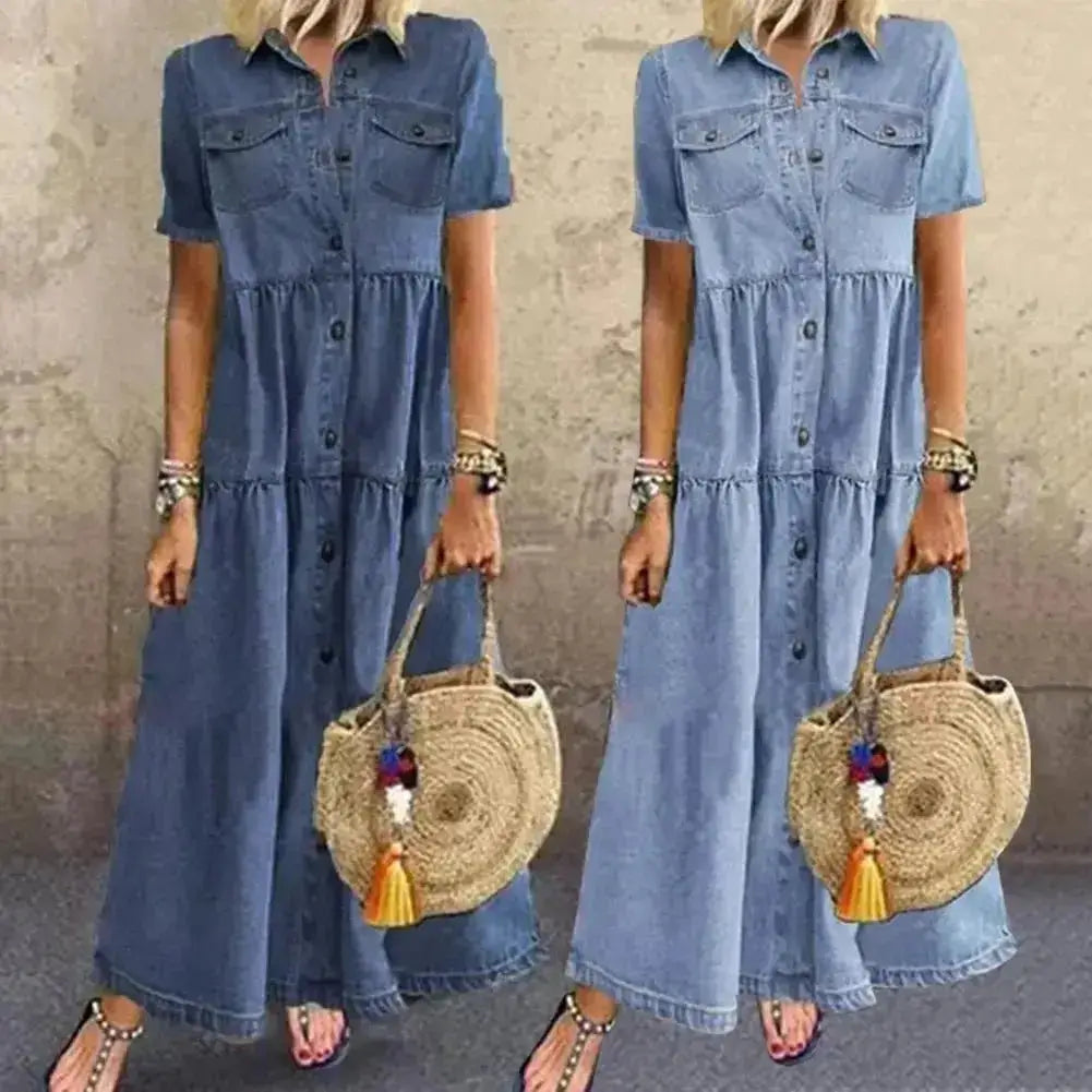 Short Sleeve Denim Dress – Casual Loose Ankle-Length Summer Dress JuChachaShop