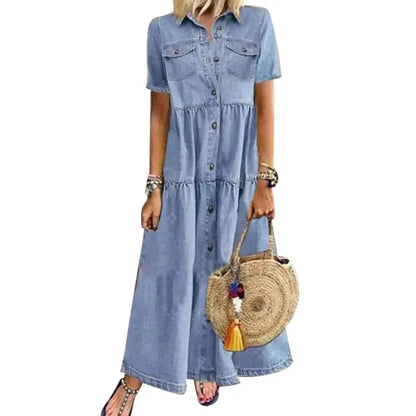 Short Sleeve Denim Dress – Casual Loose Ankle-Length Summer Dress JuChachaShop
