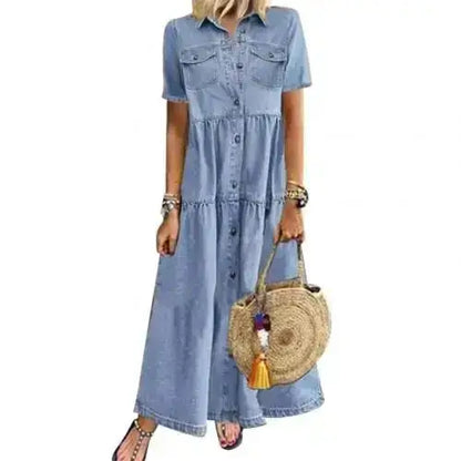 Short Sleeve Denim Dress – Casual Loose Ankle-Length Summer Dress JuChachaShop