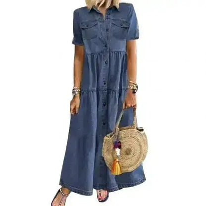Short Sleeve Denim Dress – Casual Loose Ankle-Length Summer Dress JuChachaShop