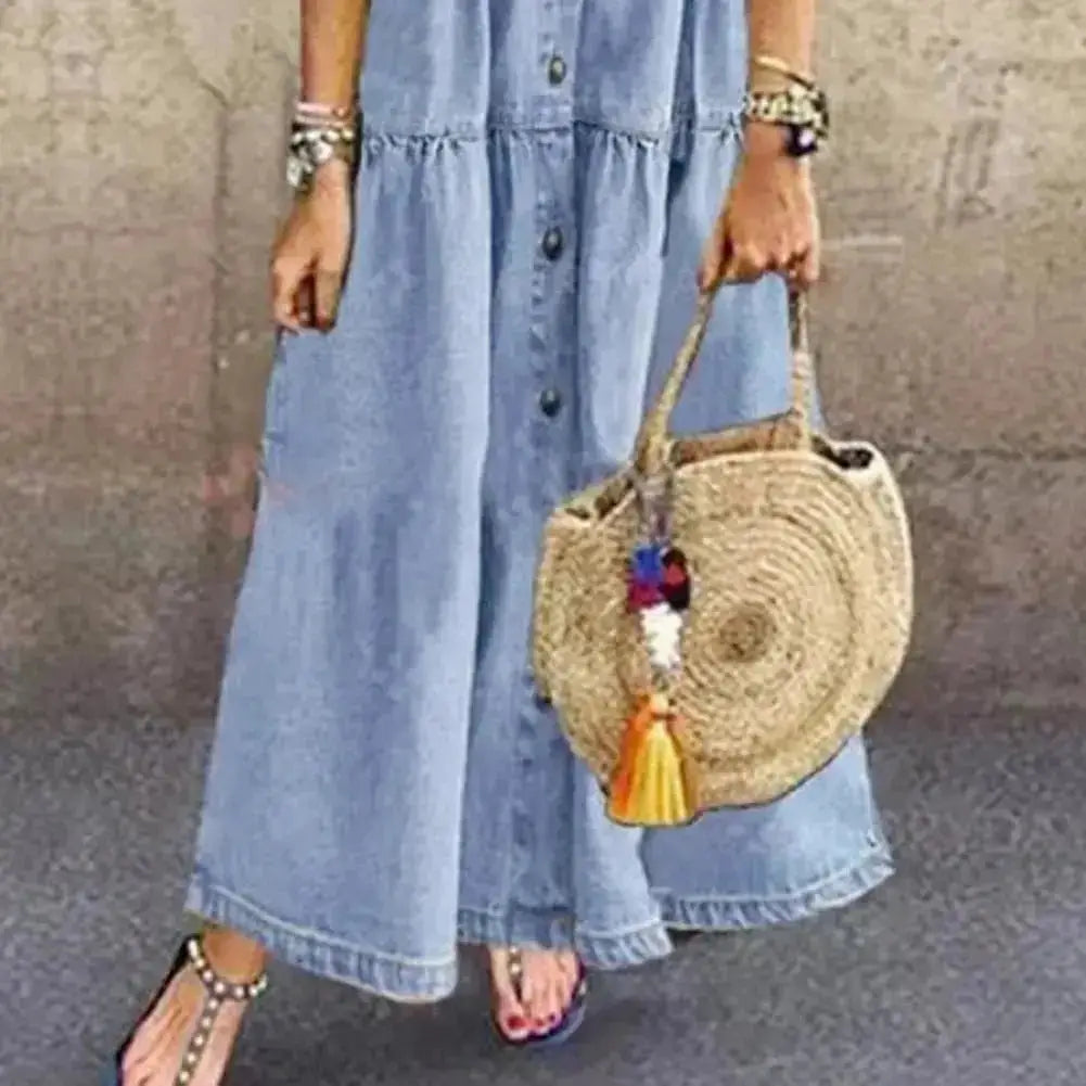 Short Sleeve Denim Dress – Casual Loose Ankle-Length Summer Dress JuChachaShop
