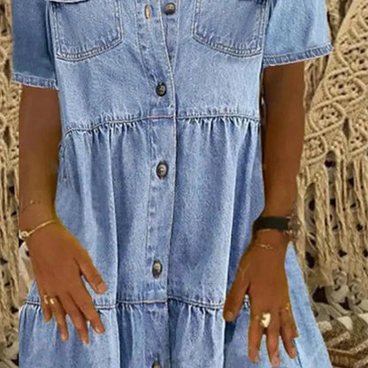 Short Sleeve Denim Dress – Casual Loose Ankle-Length Summer Dress JuChachaShop