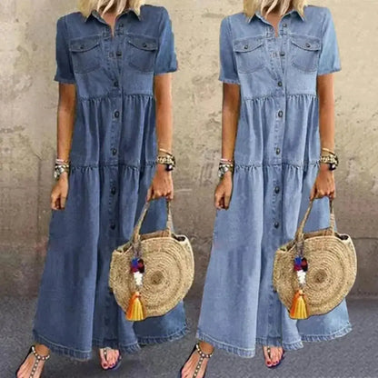 Short Sleeve Denim Dress – Casual Loose Ankle-Length Summer Dress JuChachaShop