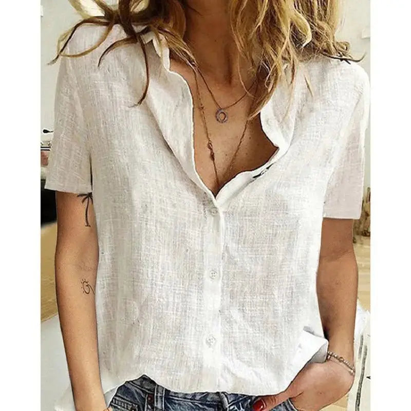 Short Sleeve Linen Blouse – Vintage Cotton Linen Casual Shirt JuChachaShop