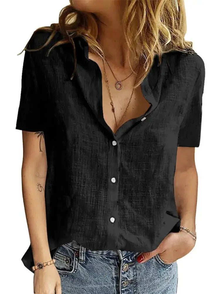 Short Sleeve Linen Blouse – Vintage Cotton Linen Casual Shirt JuChachaShop