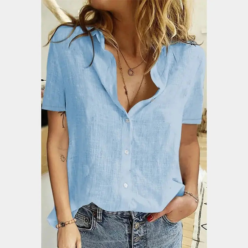 Short Sleeve Linen Blouse – Vintage Cotton Linen Casual Shirt JuChachaShop