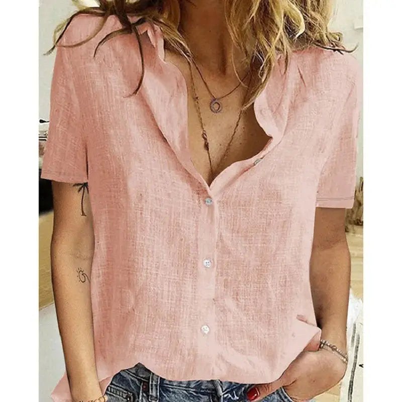 Short Sleeve Linen Blouse – Vintage Cotton Linen Casual Shirt JuChachaShop