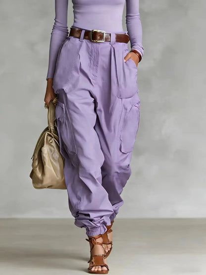 Solid Color Cargo Pants – Women's High Waist Casual Trousers JuChachaShop