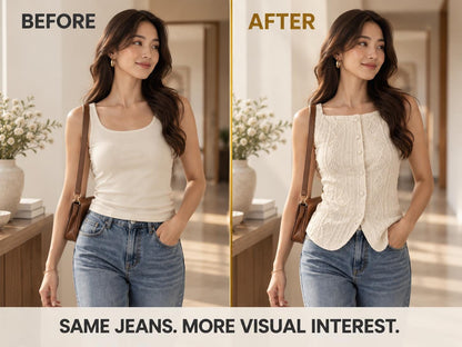 Textured Geometric Button-Front Tank Top, Cream White Summer Blouse