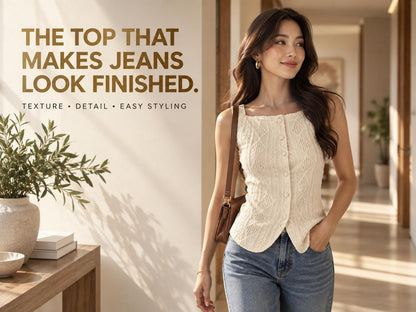 Textured Geometric Button-Front Tank Top, Cream White Summer Blouse