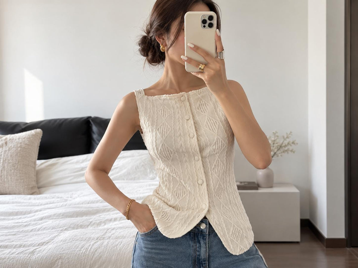 Textured Geometric Button-Front Tank Top, Cream White Summer Blouse