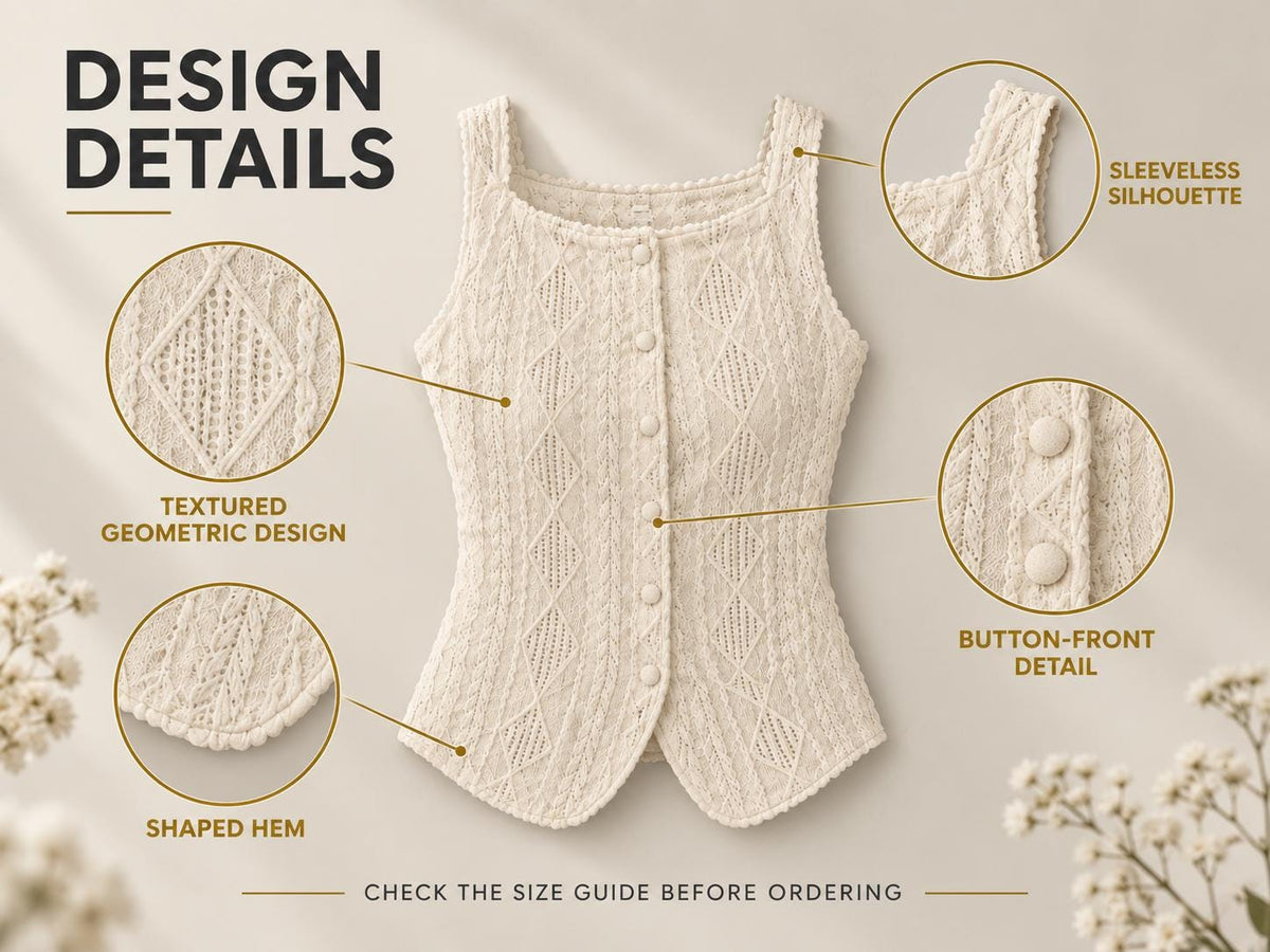 Textured Geometric Button-Front Tank Top, Cream White Summer Blouse