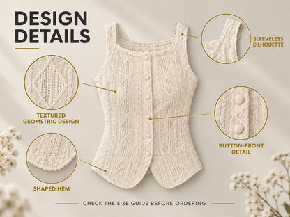 Textured Geometric Button-Front Tank Top, Cream White Summer Blouse