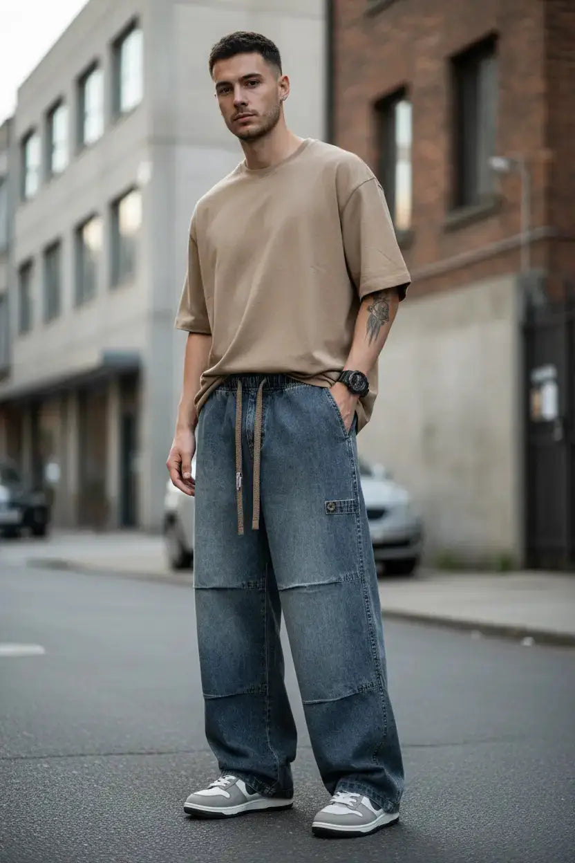 Calça cargo denim na rua