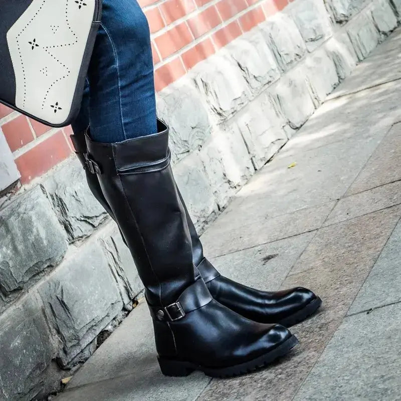 Unisex Knee-High Leather Boots with Side Zipper and Buckle Potaha